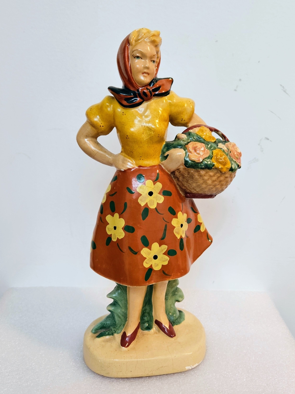 Chalkware Country Woman Figurine With Basket of Flowers And Headscarf~10"